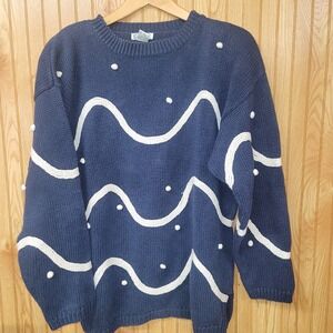 Vintage Gallagher Navy Blue Wave Pom Pom Knit Sweater Womens Large Ramie Cotton